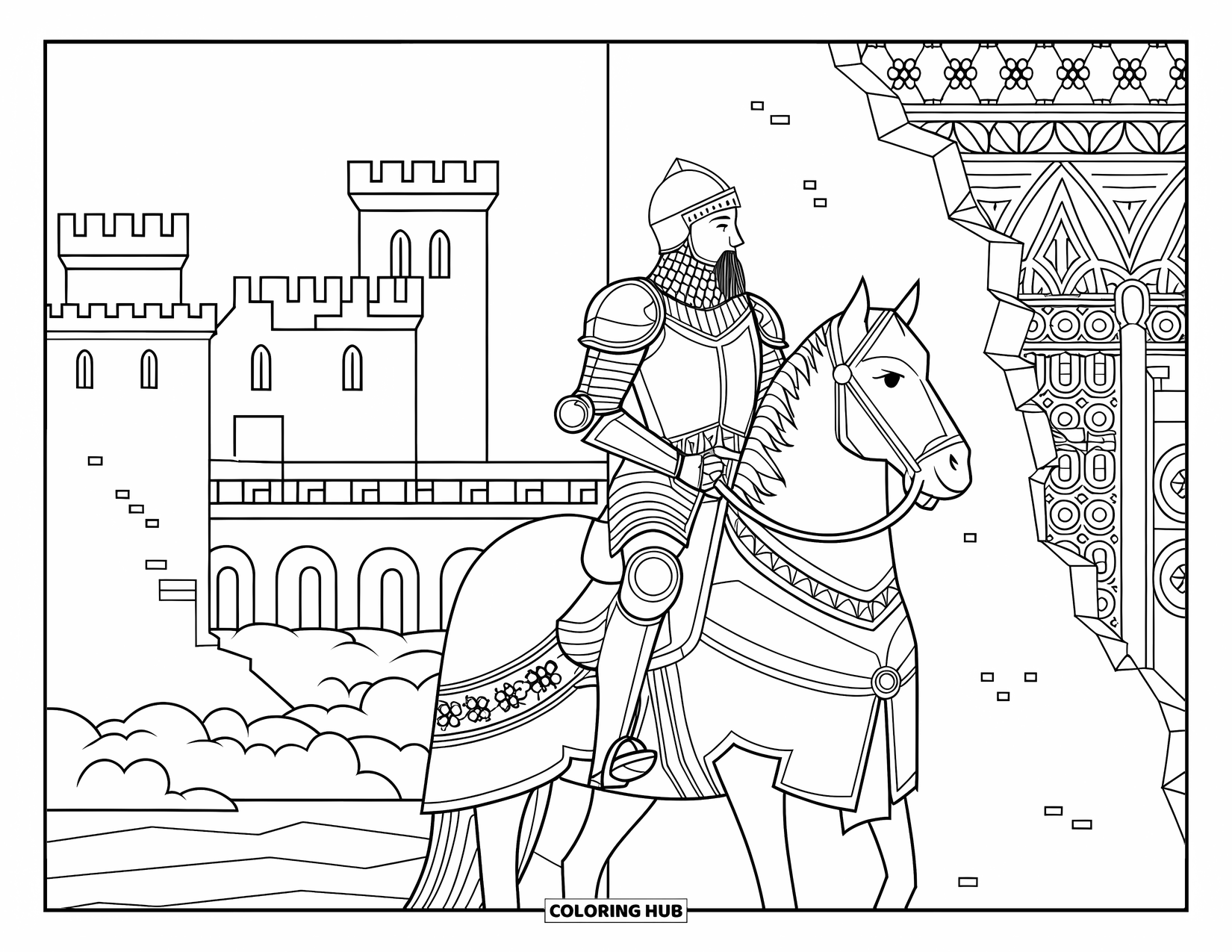 Knight Coloring Page for Adults: A bearded knight on a horse pauses near a patterned wall with a moat and drawbridge
