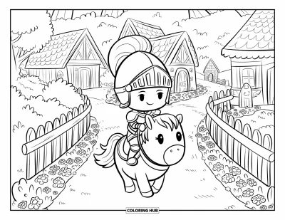 Coloriage de chevalier pour adultes : Un chevalier chibi sur un poney dodu trotte devant des clôtures, des fleurs et de charmantes chaumières villageoises