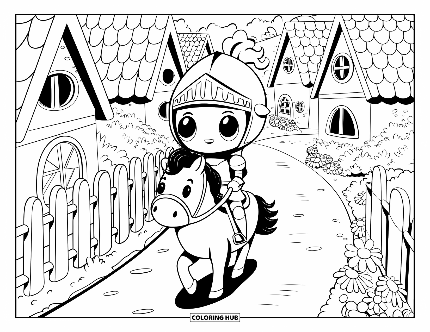 Knight Coloring Page for Adults: A chibi knight rides a round pony along a flower-lined path through a tiny village