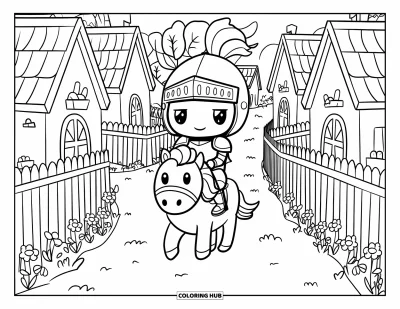 Coloriage de chevalier pour adultes : Un chevalier chibi chevauche un poney dodu à travers un village fleuri avec des chaumières et des arbres
