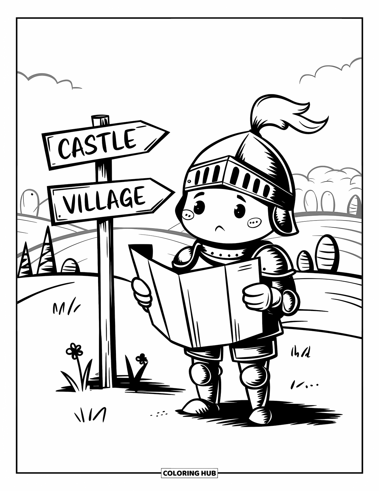 Knight Coloring Page for Adults: A cute knight holds a map near a signpost pointing to ìCastleî and ìVillage.î