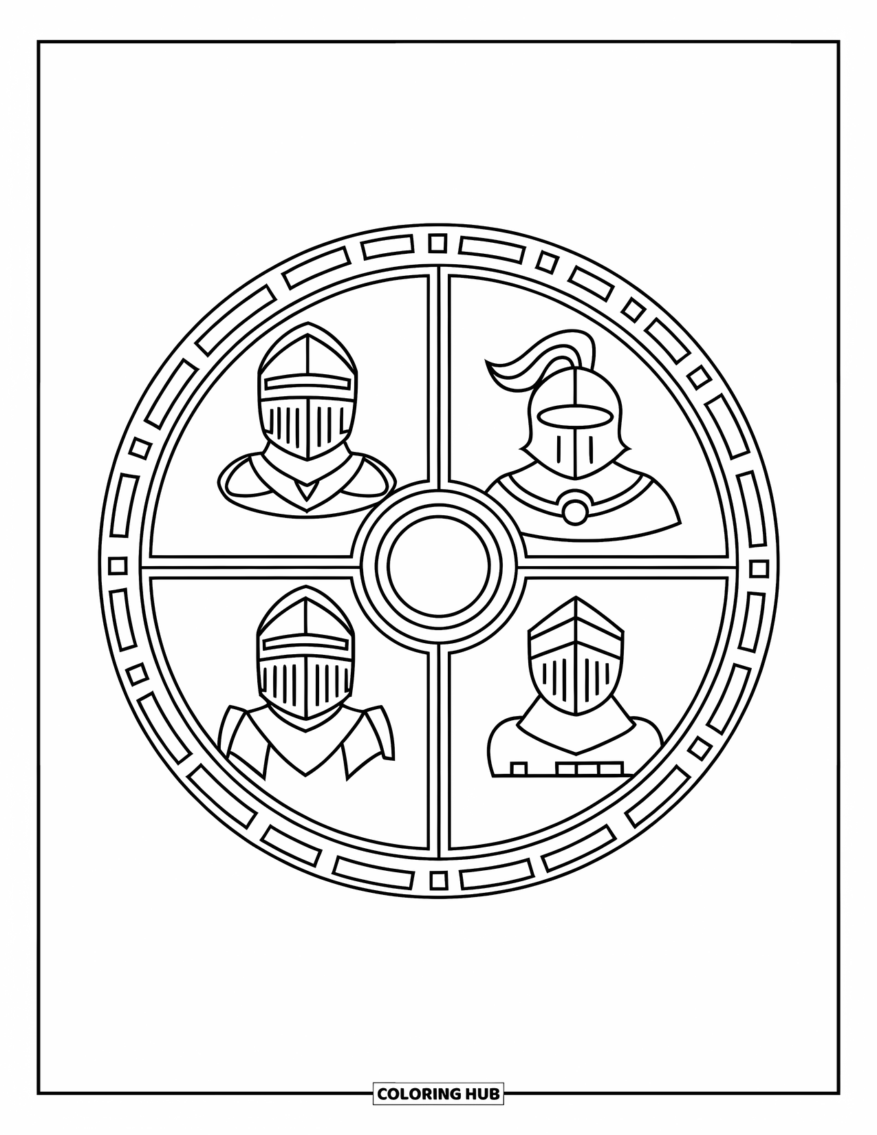 Knight Coloring Page for Adults: A detailed shield with four sections filled with knight-themed emblems