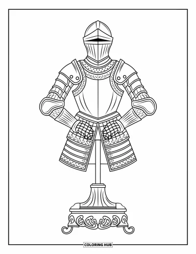 Coloriage de chevalier pour adultes : Une armure complète repose sur un support aux motifs ornés et à la base solide