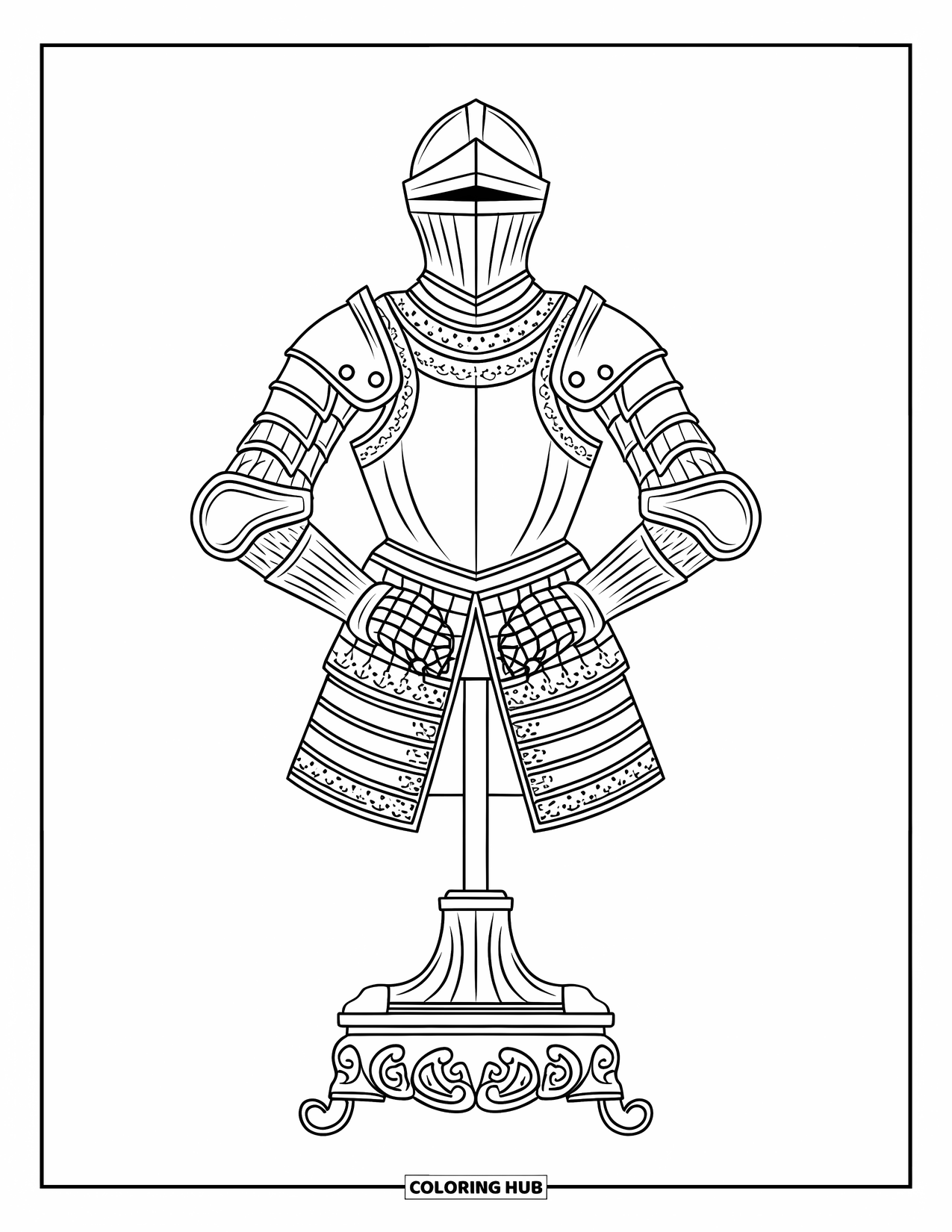 Knight Coloring Page for Adults: A full suit of armor rests on a stand with ornate designs and a sturdy base