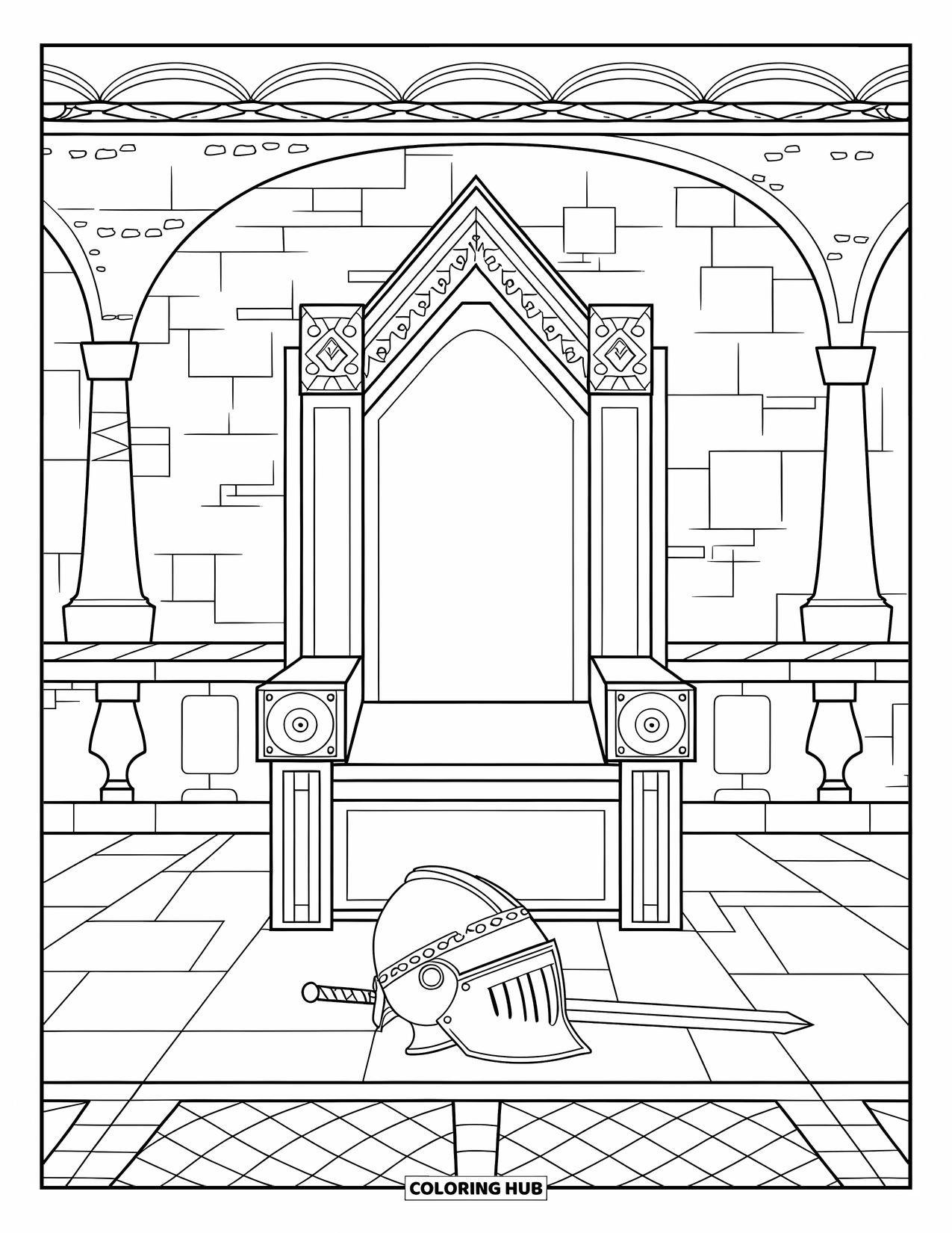 Knight Coloring Page for Adults: A grand room holds an empty throne beneath arches and carved stone walls