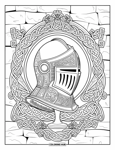 Coloriage de chevalier pour adultes : Un casque aux motifs tourbillonnants se dresse près d'un mur en pierre texturé