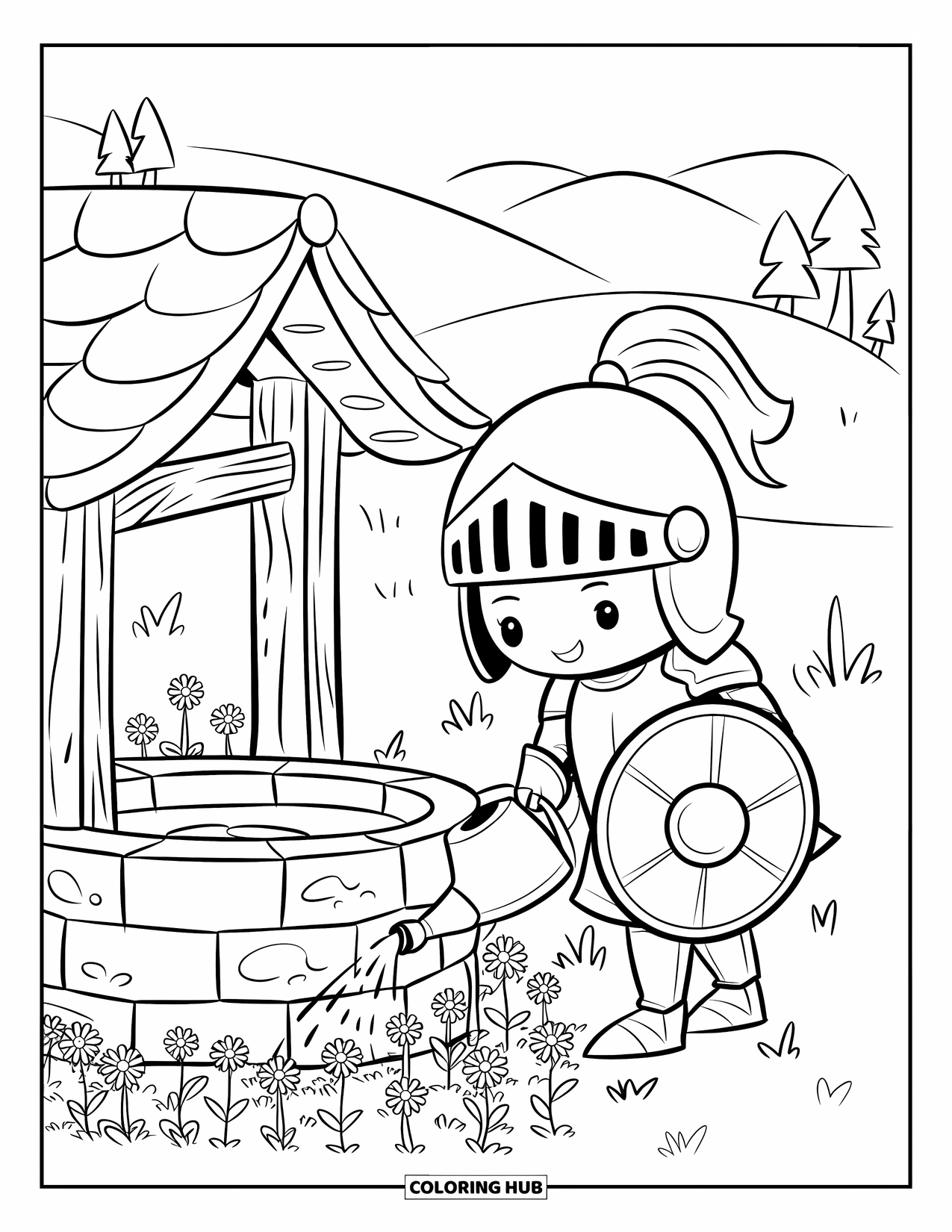 Knight Coloring Page for Adults: A helmeted knight waters flowers near a stone well with hills and trees behind