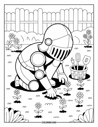 Coloriage de chevalier pour adultes : Un chevalier kawaii plante des fleurs dans un jardin près d'un panier de petits outils et d'une clôture