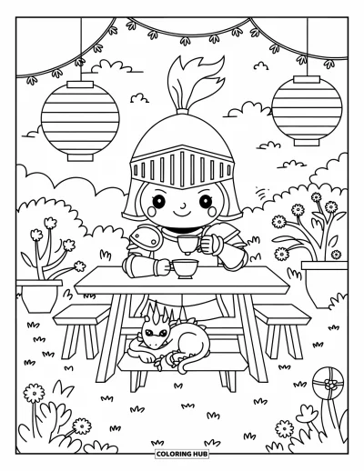 Coloriage de chevalier pour adultes : Un chevalier kawaii sirote du thé dans un jardin pendant qu'un petit dragon fait la sieste sous le banc