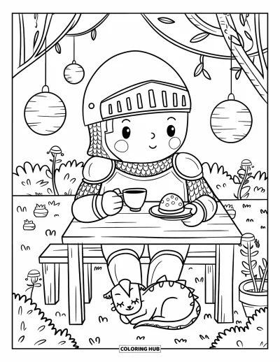 Coloriage de chevalier pour adultes : Un chevalier savoure du thé et un scone dans un jardin avec un petit dragon sous le banc
