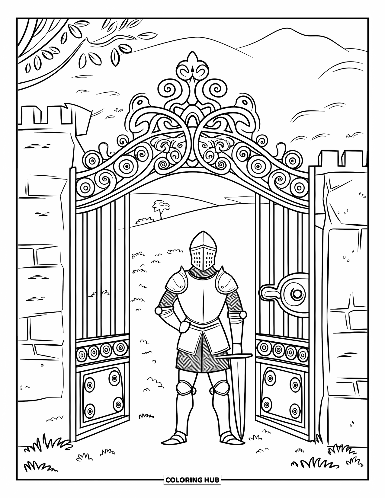 Knight Coloring Page for Adults: A knight guards a patterned gate with hills and trees in the distance
