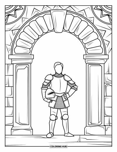 Coloriage de chevalier pour adultes : Un chevalier en armure se tient sous une arche sculptée aux motifs artistiques prononcés