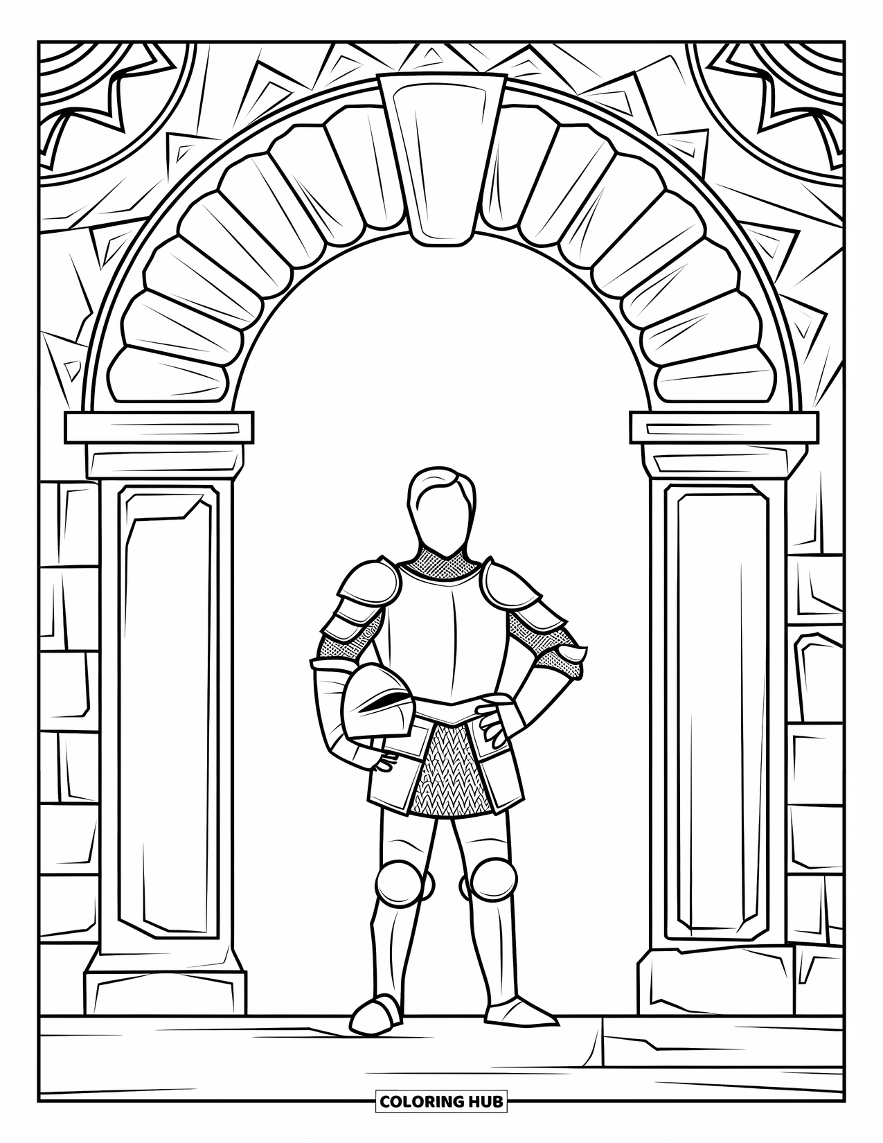 Knight Coloring Page for Adults: A knight in armor stands under a carved arch with bold artistic patterns