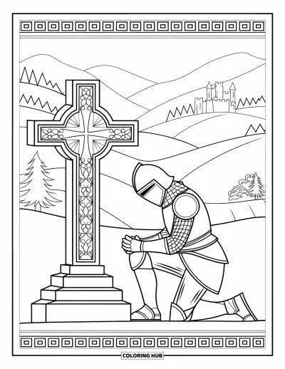 Coloriage de chevalier pour adultes : Un chevalier s'agenouille près d'une croix sculptée dans un cadre serein avec des collines et des arbres