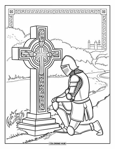 Coloriage de chevalier pour adultes : Un chevalier s'agenouille près d'une croix ornée avec un chemin de château au loin