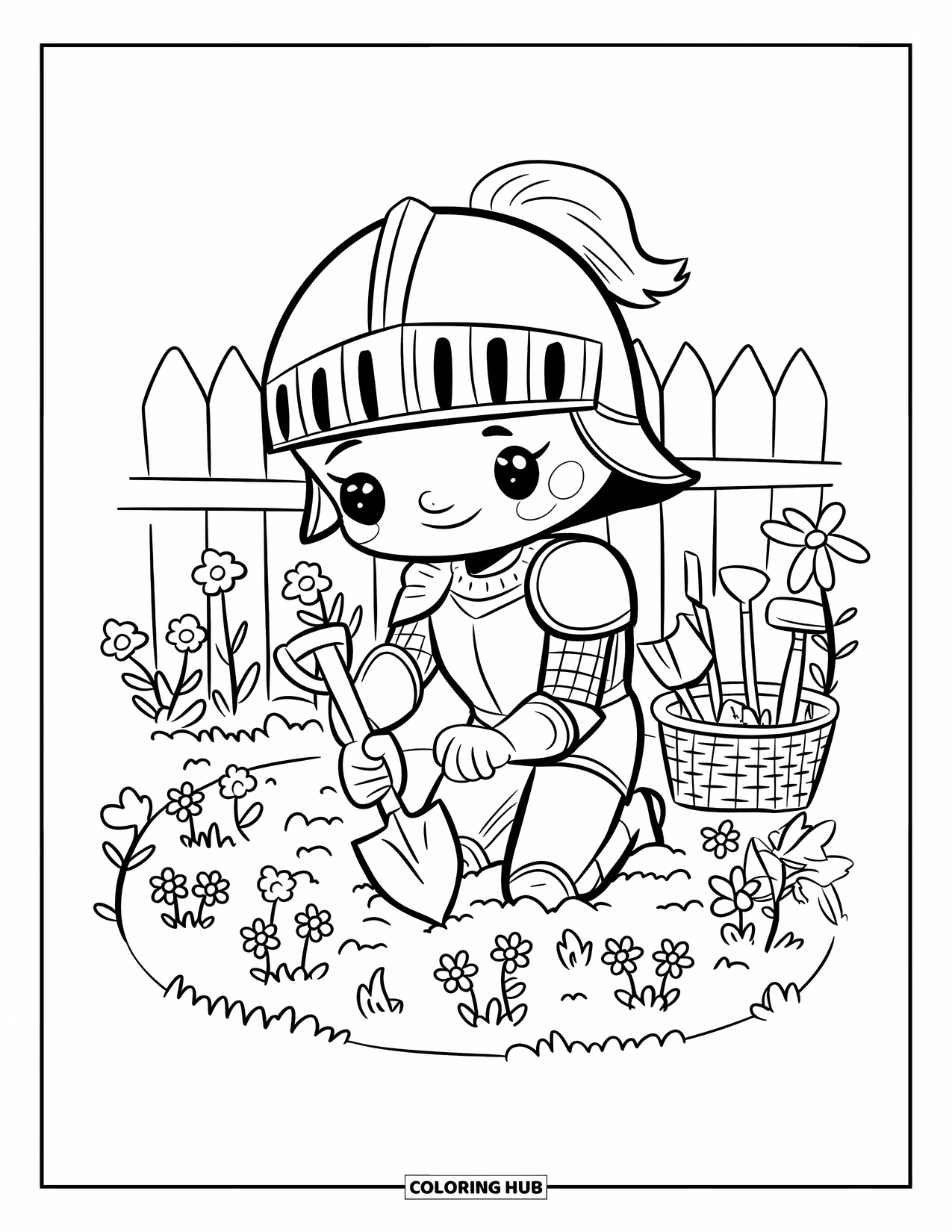 Knight Coloring Page for Adults: A knight kneels in a garden patch planting tiny flowers with a basket of tools nearby