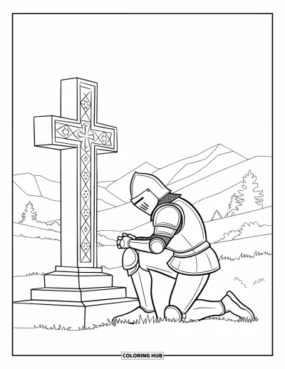 Coloriage de chevalier pour adultes : Un chevalier prie agenouillé près d'une croix sculptée avec des montagnes et des arbres autour de lui