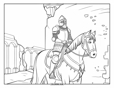 Coloriage de chevalier pour adultes : Un chevalier sur un cheval puissant s'arrête près d'un château en ruine avec des arches et des piliers