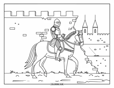 Coloriage de chevalier pour adultes : Un chevalier à cheval s'arrête près d'un mur de château fissuré sur un sol inégal