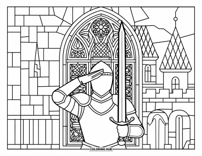 Coloriage de chevalier pour adultes : Un chevalier lève son épée devant un magnifique vitrail et des tourelles de château