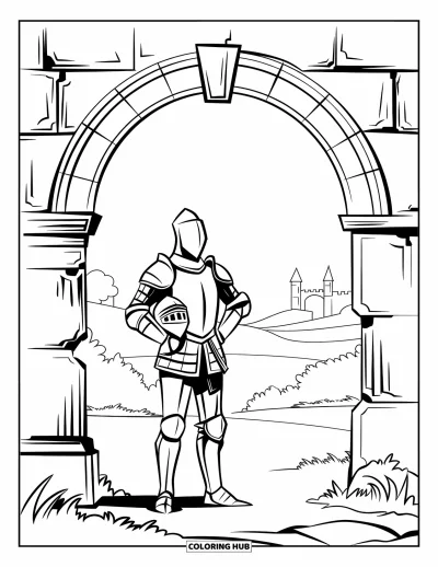 Coloriage de chevalier pour adultes : Un chevalier se repose sous une arche en pierre avec des arbres et un château en arrière-plan
