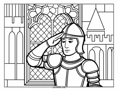 Coloriage de chevalier pour adultes : Un chevalier salue devant un vitrail avec des croix près d'un château