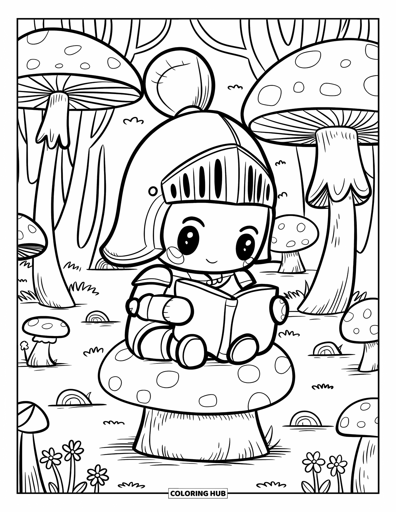 Knight Coloring Page for Adults: A knight sits on a mushroom stool reading a scroll near trees shaped like mushrooms