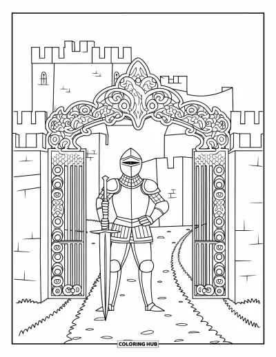 Coloriage de chevalier pour adultes : Un chevalier se tient devant une grande porte avec un château et un chemin sinueux au-delà