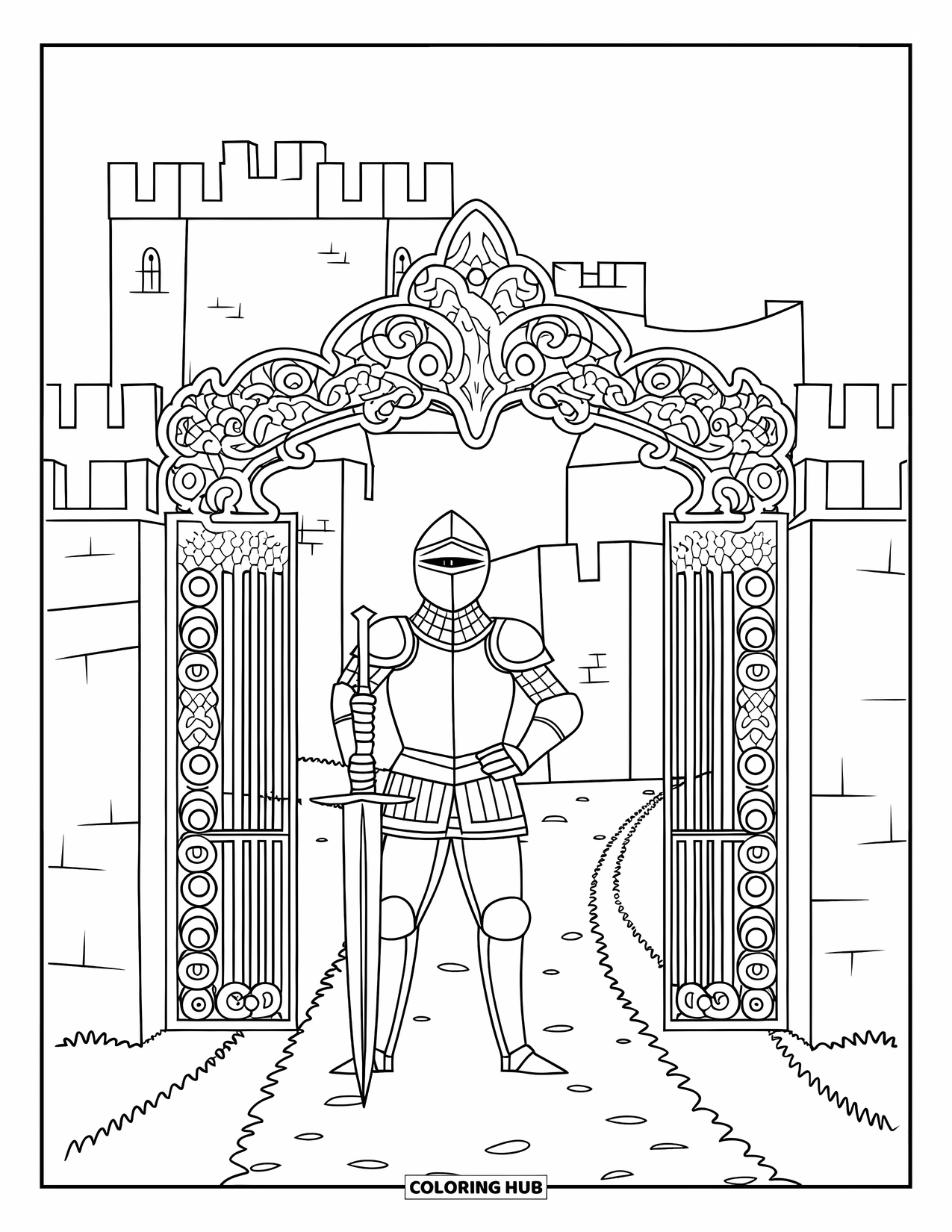 Knight Coloring Page for Adults: A knight stands before a grand gate with a castle and winding path beyond