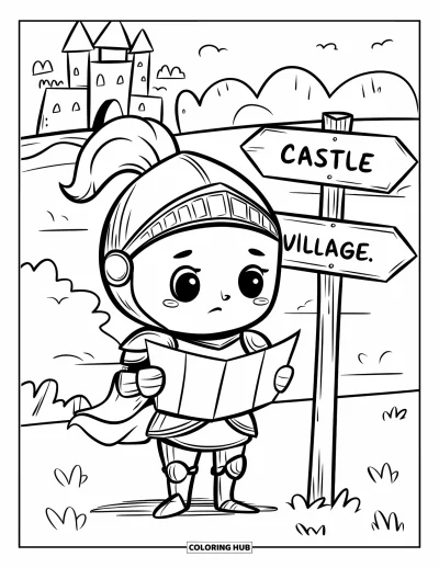 Coloriage de chevalier pour adultes : Un chevalier se tient près d'un poteau indicateur, tenant une carte avec des châteaux et des collines en arrière-plan