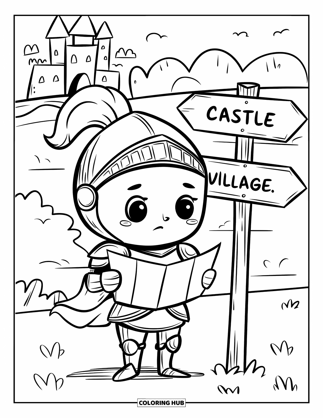 Knight Coloring Page for Adults: A knight stands by a signpost, holding a map with castles and hills in the background