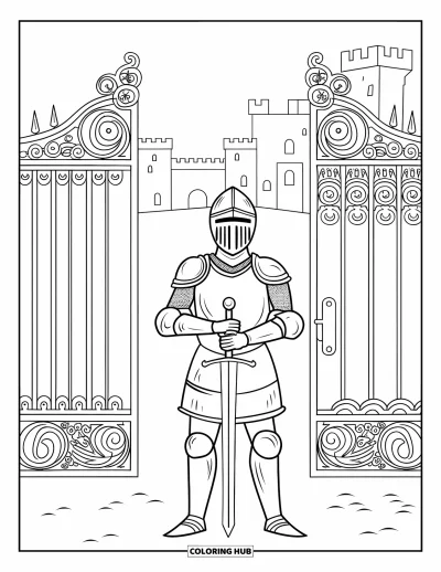 Coloriage de chevalier pour adultes : Un chevalier monte la garde à un portail en fer forgé aux arabesques avec un château derrière lui