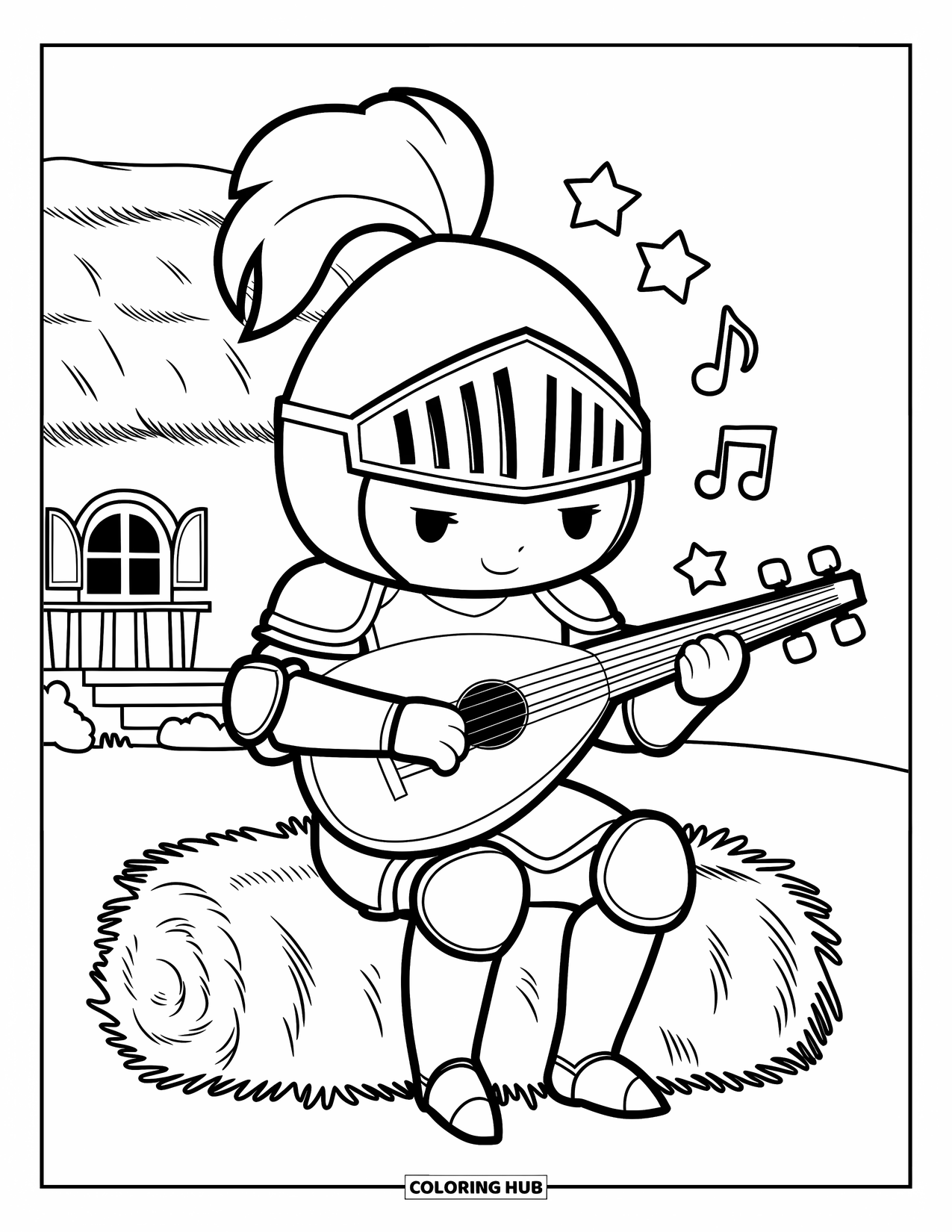 Knight Coloring Page for Adults: A knight strums a lute on a hay bale with stars above and a cottage nearby