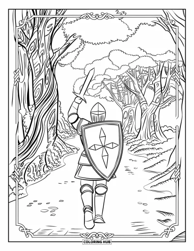 Coloriage de chevalier pour adultes : Un chevalier traverse une clairière avec un bouclier levé et des arbres forestiers tout autour