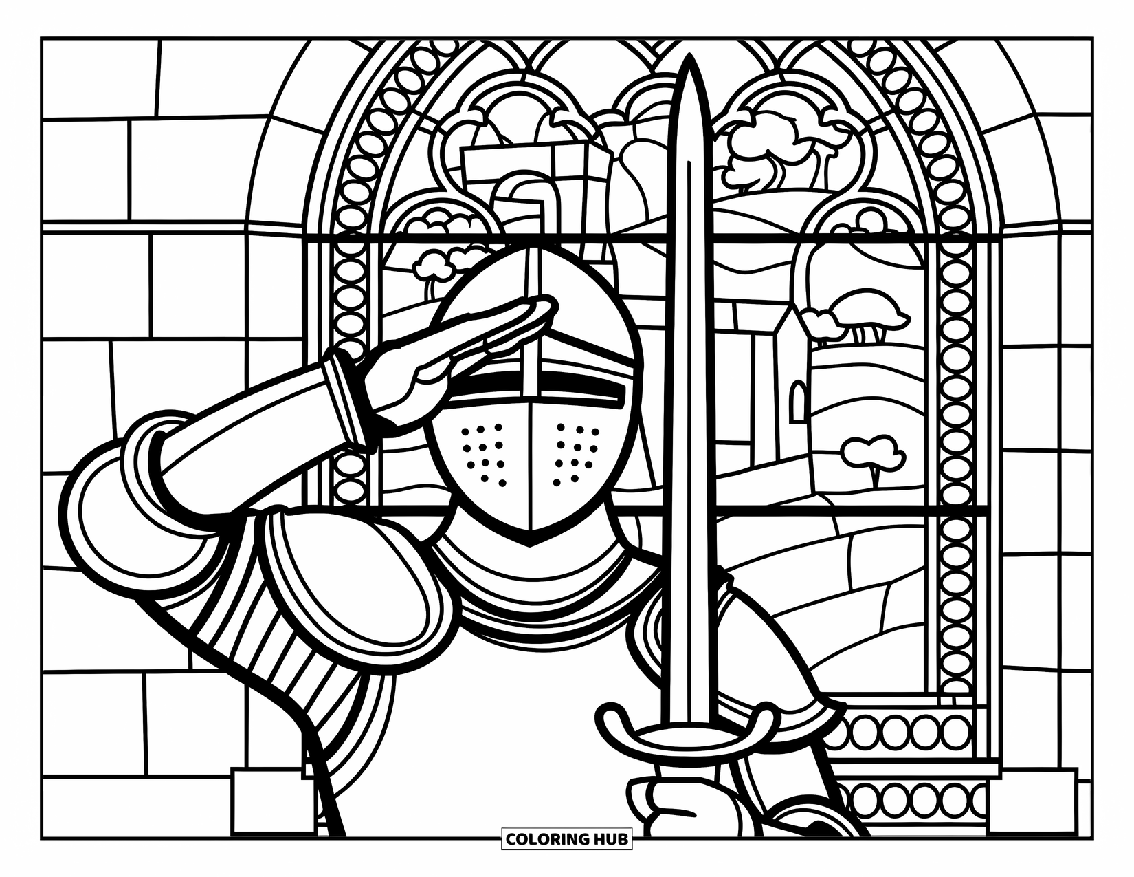 Knight Coloring Page for Adults: A knight with a visor salutes before a stained glass window with trees and castle scenes