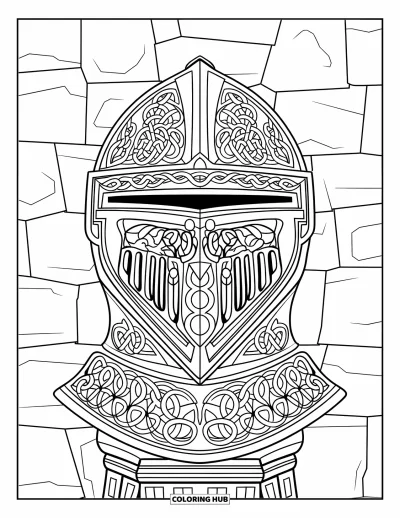 Coloriage de chevalier pour adultes : Le casque d'un chevalier aux motifs floraux et celtiques repose sur un piédestal