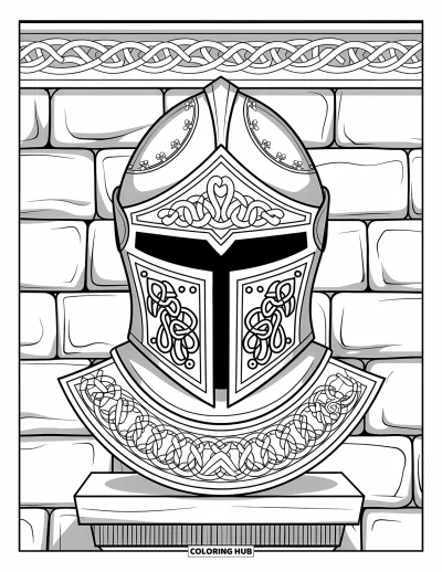 Coloriage de chevalier pour adultes : Le casque d'un chevalier aux motifs floraux repose sur un piédestal près d'un mur à motifs
