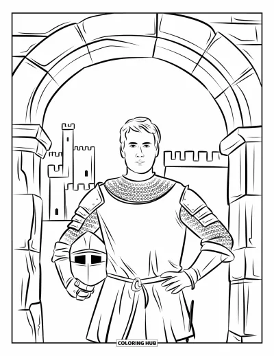 Coloriage de chevalier pour adultes : Un chevalier solitaire se tient sous une arche ancienne, son casque glissé sous un bras