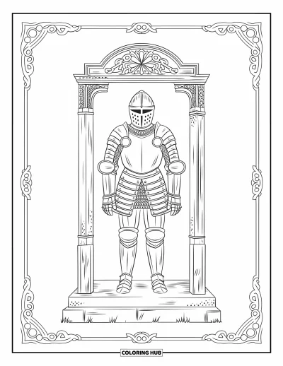 Coloriage de chevalier pour adultes : Une armure médiévale complète se dresse sur une plateforme en pierre avec des gravures détaillées