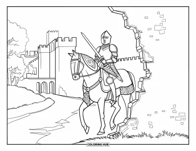 Coloriage de chevalier pour adultes : Un chevalier à cheval fait une pause près d'un mur en ruine avec un château et un sentier forestier