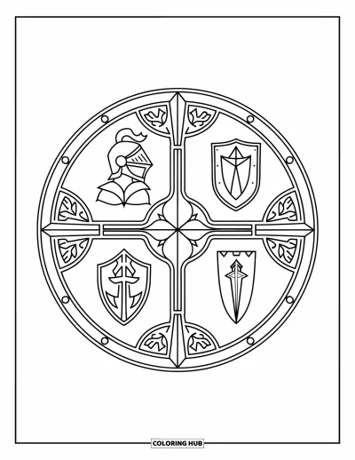 Coloriage de chevalier pour adultes : Un bouclier rond divisé en quatre parties, chacune arborant un symbole de chevalier unique