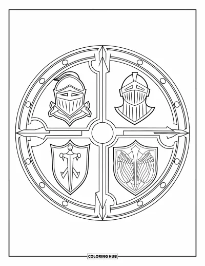 Coloriage de chevalier pour adultes : Un bouclier aux symboles et motifs de chevalier, idéal pour un moment créatif et apaisé