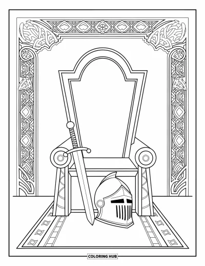 Coloriage de chevalier pour adultes : Un trône avec un casque et une épée à proximité, encadré par une bordure ornementale
