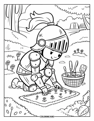 Coloriage de chevalier pour adultes : Un petit chevalier plante des fleurs dans un jardin paisible avec des arbres et une chaumière au loin