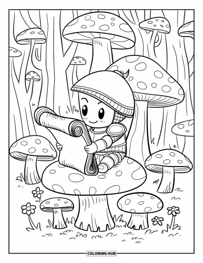 Coloriage de chevalier pour adultes : Un petit chevalier lit un parchemin assis sur un champignon dans une forêt aux arbres en forme de champignons