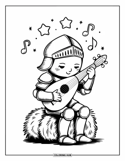 Coloriage de chevalier pour adultes : Un petit chevalier joue du luth sur une botte de foin avec des étoiles et des notes de musique au-dessus