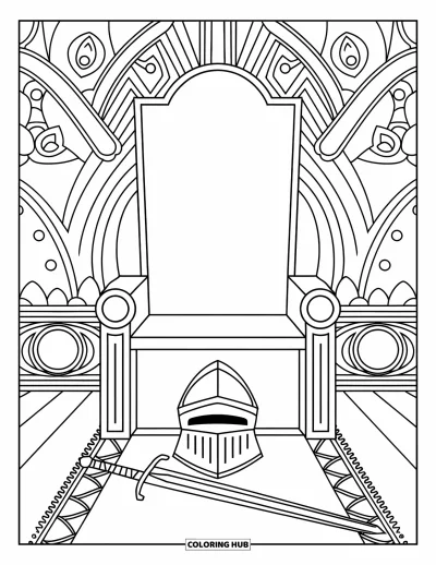 Coloriage de chevalier pour adultes : Un trône vide avec un casque et une épée posés à sa base