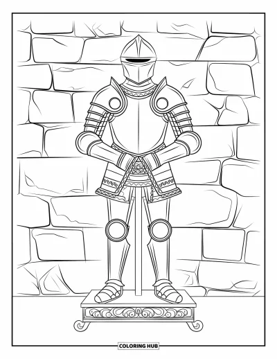 Coloriage de chevalier pour adultes : Une armure aux gravures élégantes est exposée près d'un mur en pierre fissurée