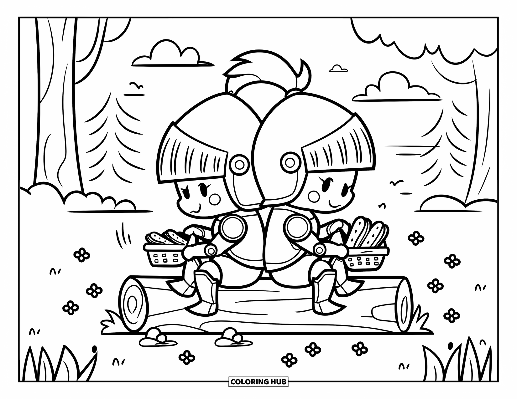 Knight Coloring Page for Adults: Chibi knights enjoy sandwiches back-to-back on a log under clouds and forest trees