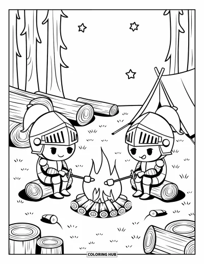 Coloriage de chevalier pour adultes : Deux chevaliers chibi font griller des guimauves au coin d'un feu de camp sous les étoiles, avec des bûches et une tente douillette